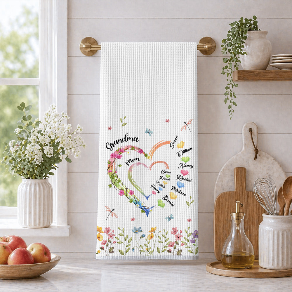 Custom Names Kitchen Towel, Mother's Day Birthday Gift For Mom Mother • Grandma Heart - Personalized Kitchen Towel