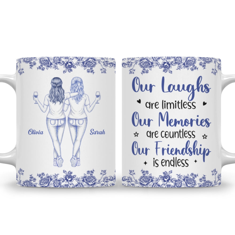 Custom Best Friend, Christmas & Birthday Friendship Keepsake Gift • Our Laughs Are Limitless Blue Toile Ver 2 - Personalized Coffee Mug