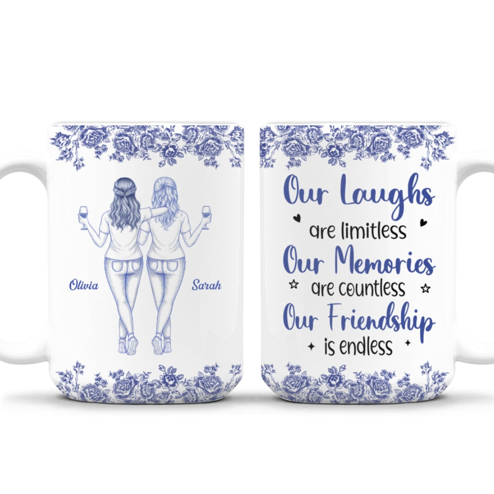 Custom Best Friend, Christmas & Birthday Friendship Keepsake Gift • Our Laughs Are Limitless Blue Toile Ver 2 - Personalized Coffee Mug