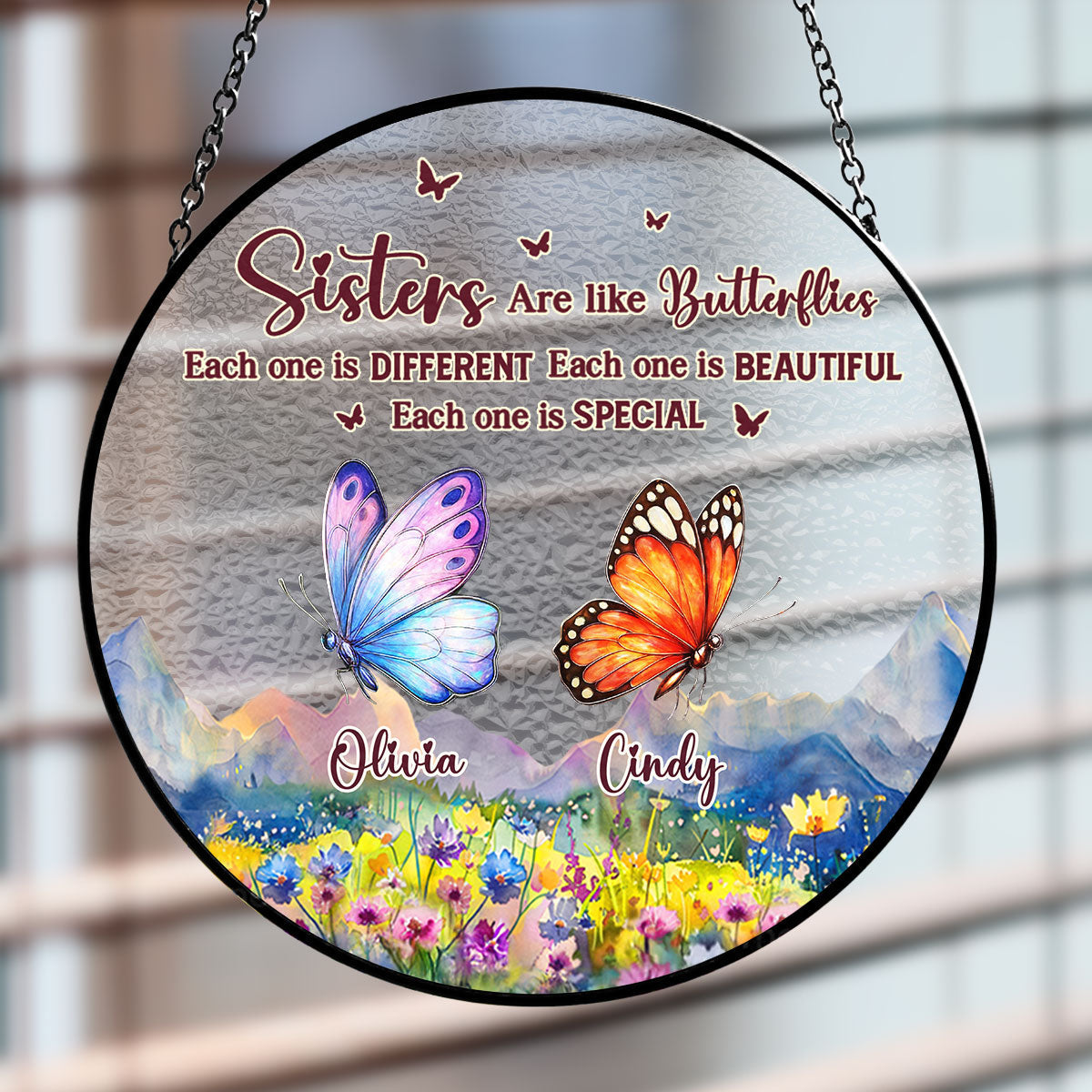 Custom Name Family Name Hanging Decor, Christmas Birthday Gift • Sisters Are Like Butterflies - Personalized Window Hanging Suncatcher