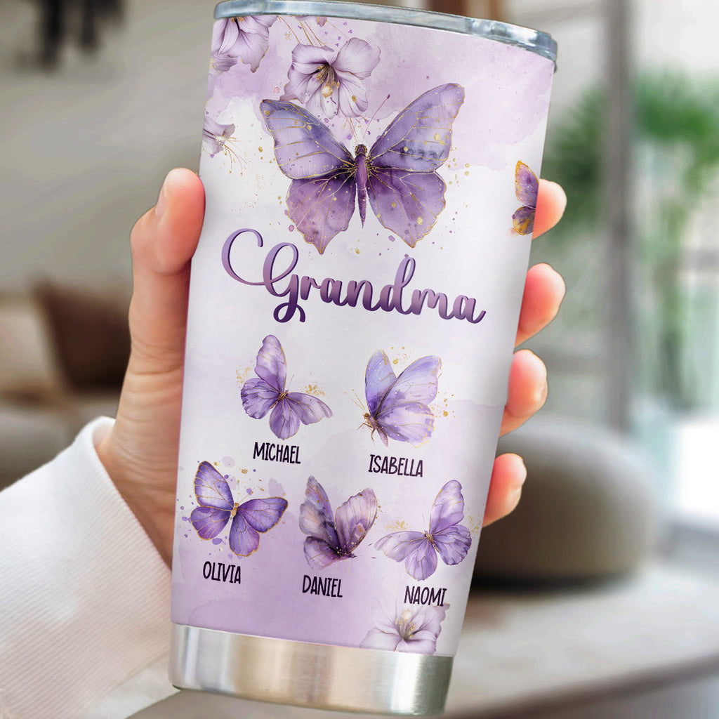 Custom Christmas Birthday Gifts For Grandma • Grandma Purple Butterfly With Flower - Personalized Tumbler