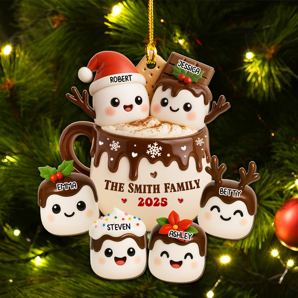 Custom Family Ornament, Christmas Gift for Family Members •  Marshmallow Family Hot Cocoa - Personalized Wood Ornament