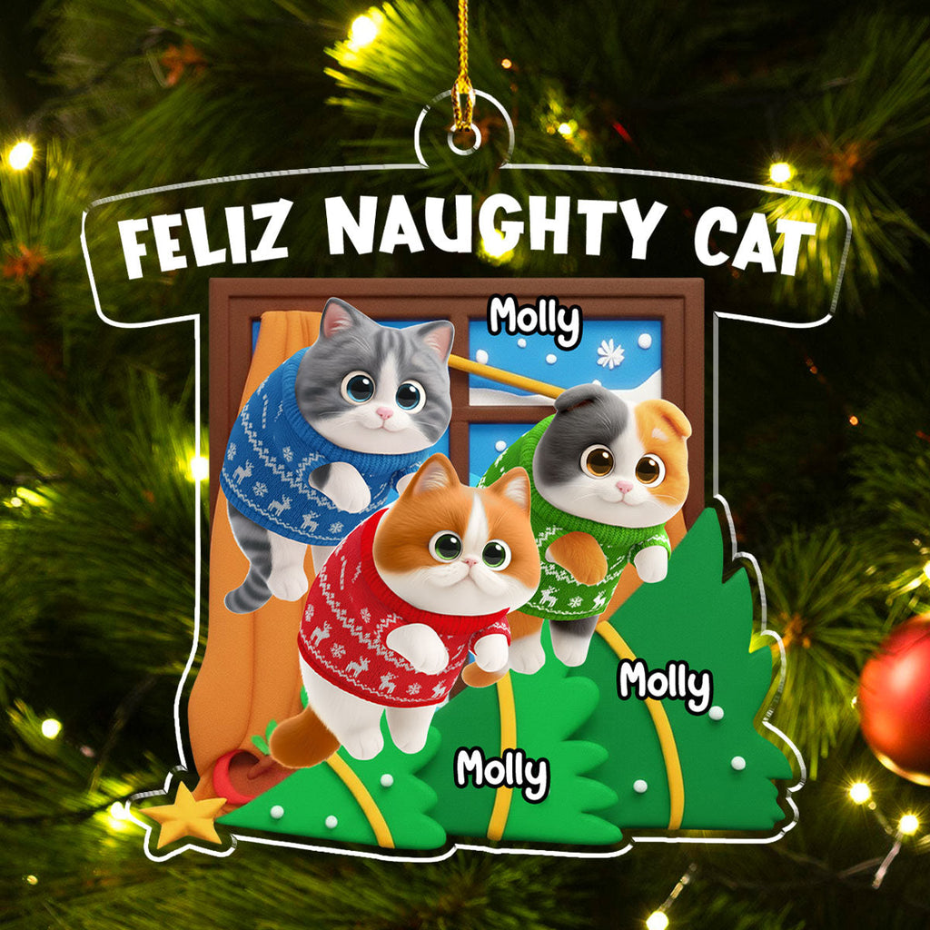 Custom Keepsake Christmas Ornament •  Santa Define Cat Naughty Cartoon - Personalized Acrylic Ornament