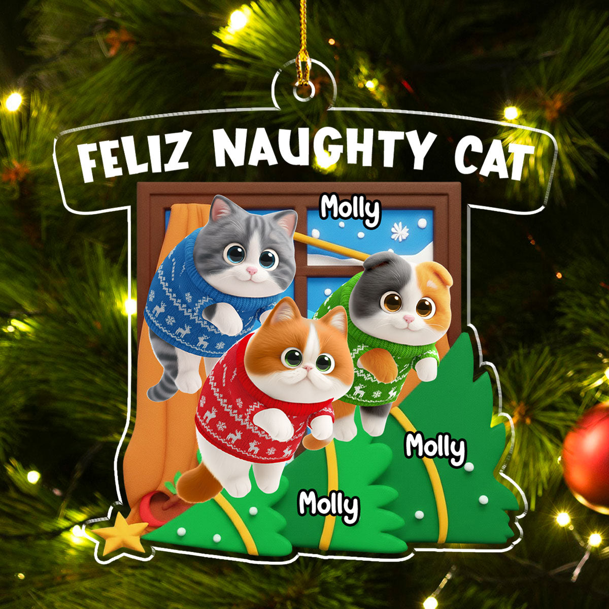 Custom Keepsake Christmas Ornament •  Santa Define Cat Naughty Cartoon - Personalized Acrylic Ornament