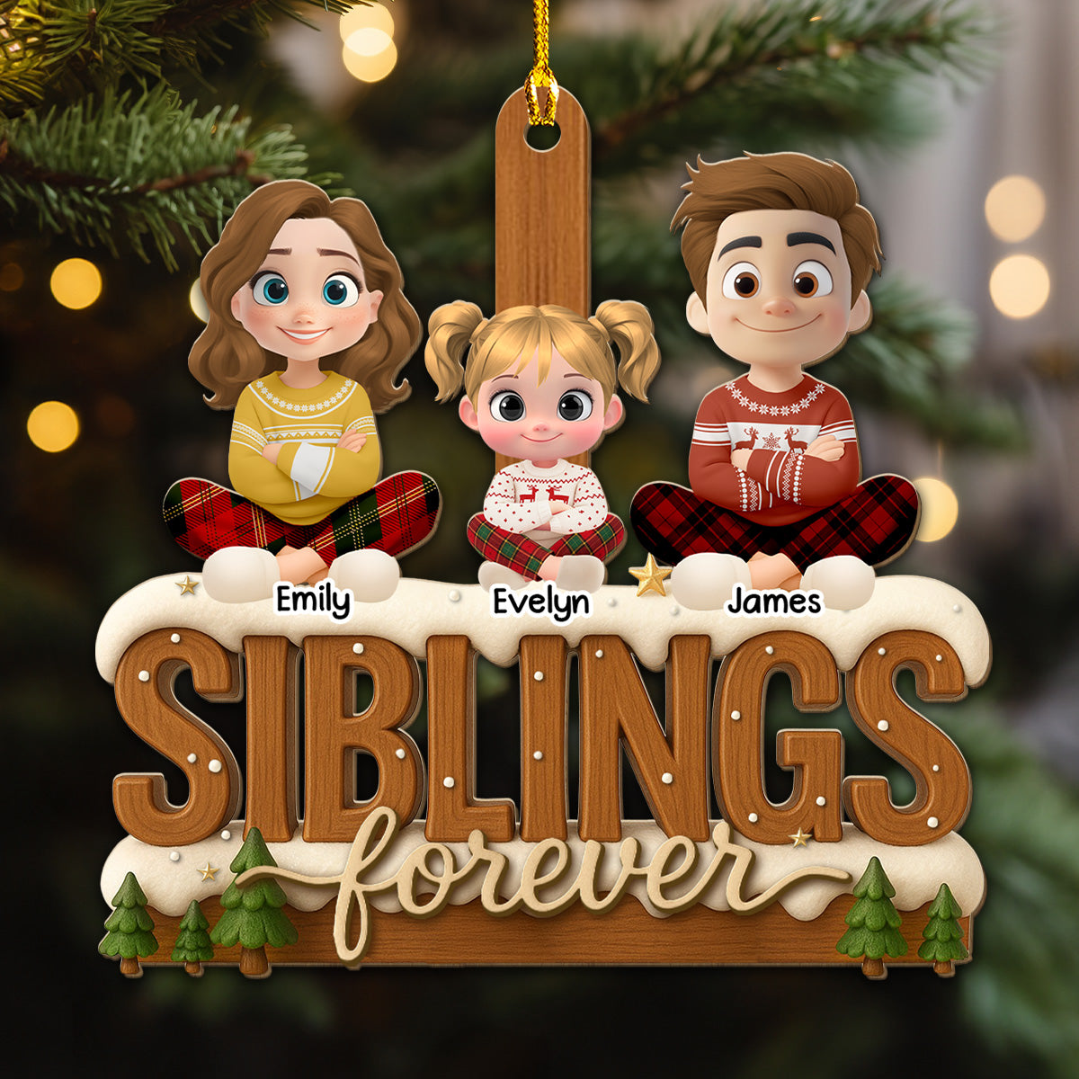Custom Brothers & Sisters Christmas Ornament •  Connected by Heart Always - Personalized 3D Effect Wood Ornament