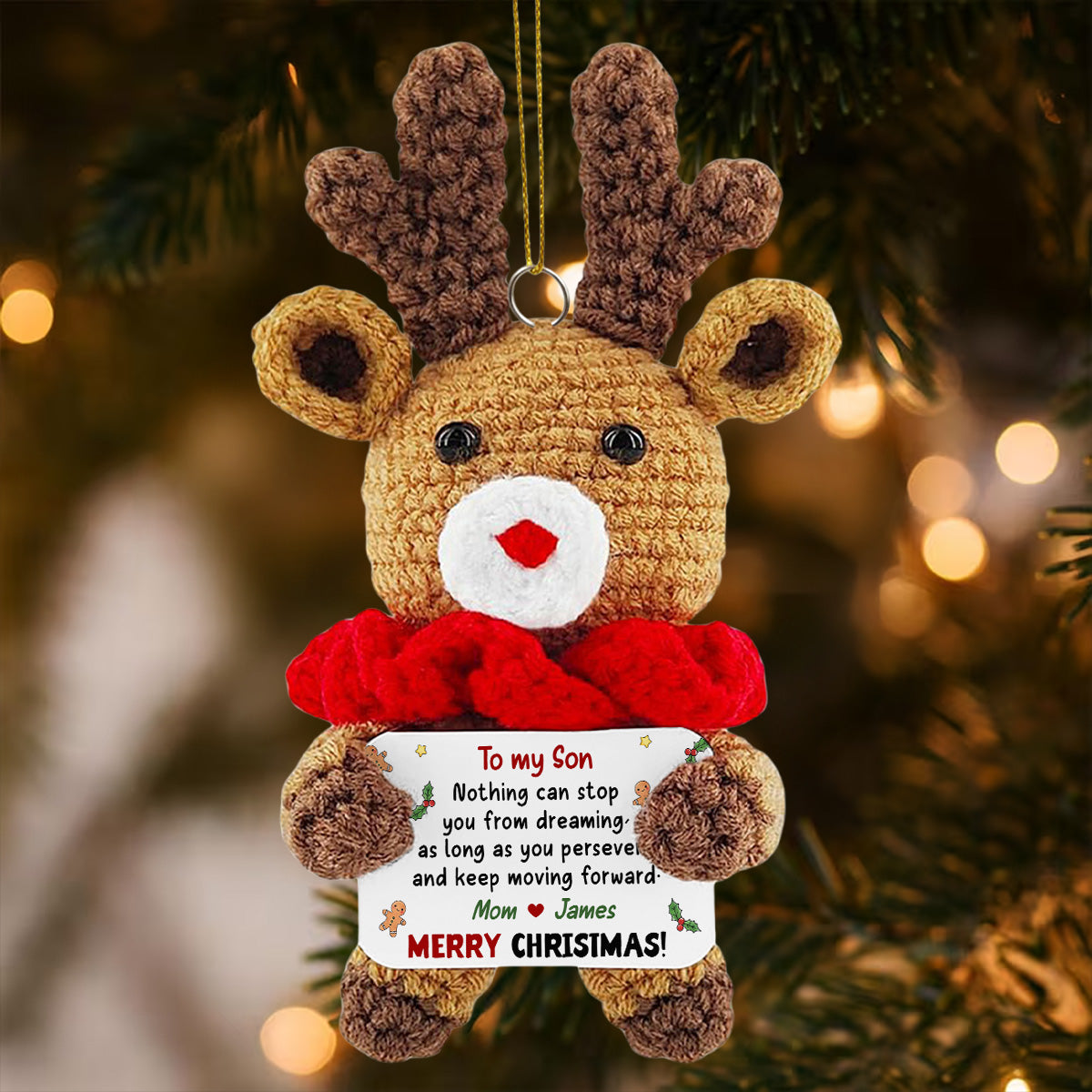 Custom Keepsake Christmas Ornament •  Keep Moving Forward - Personalized Deer Crocheted Ornament