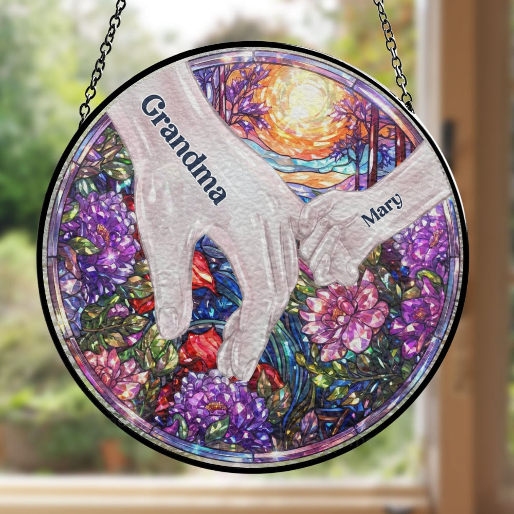 Custom Name Grandma Hanging Decor, Mother's Day Birthday Gifts • Hold Our Hands And Our Hearts 2 - Personalized Window Hanging Suncatcher