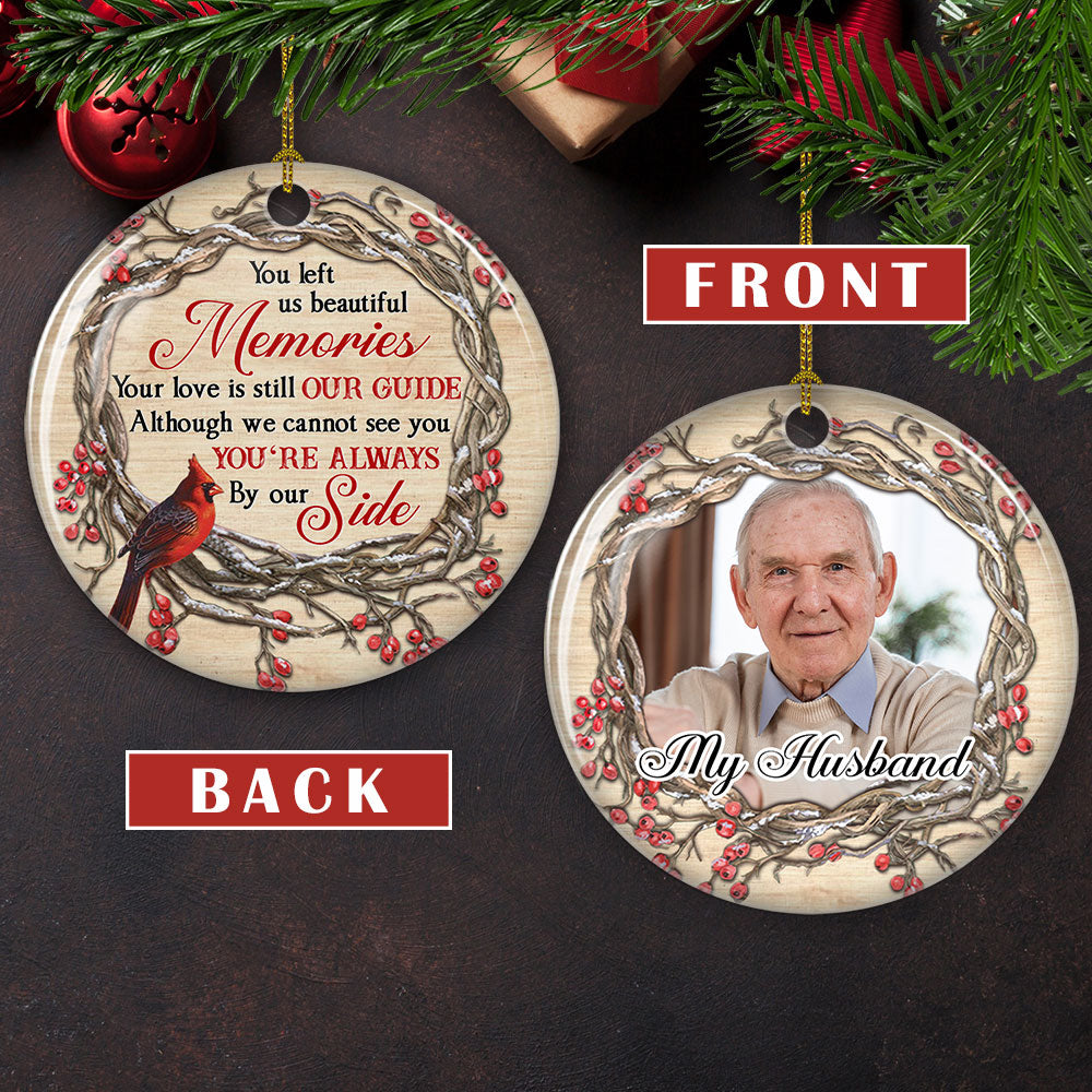 Custom Memorial Christmas Ornament, Sympathy Keepsake •  So Loved, So Missed - Personalized Photo Circle Ceramic Ornament