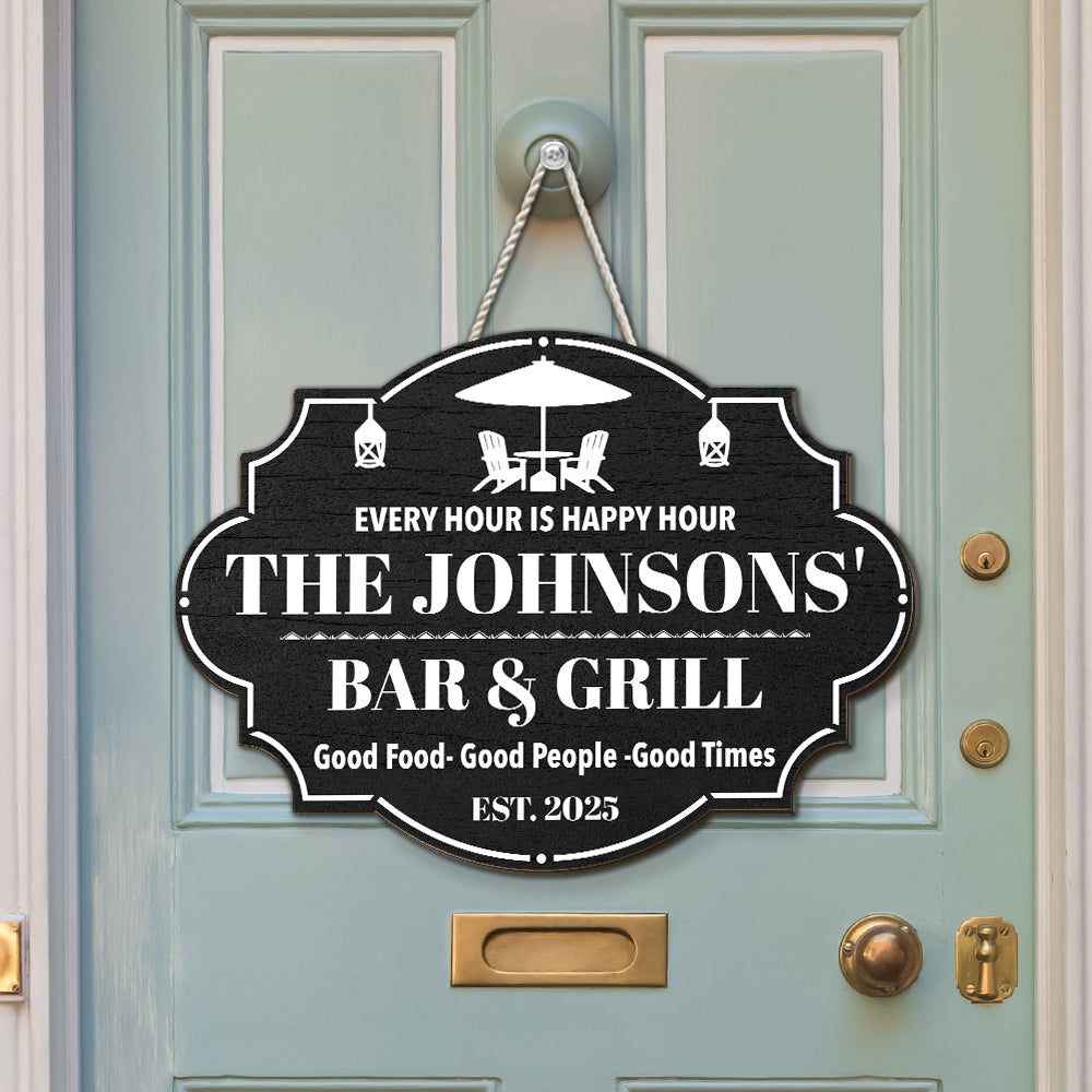 Custom Family Summer Backyard, Patio & Porch Decor • Happy Hour - Personalized Wood Sign
