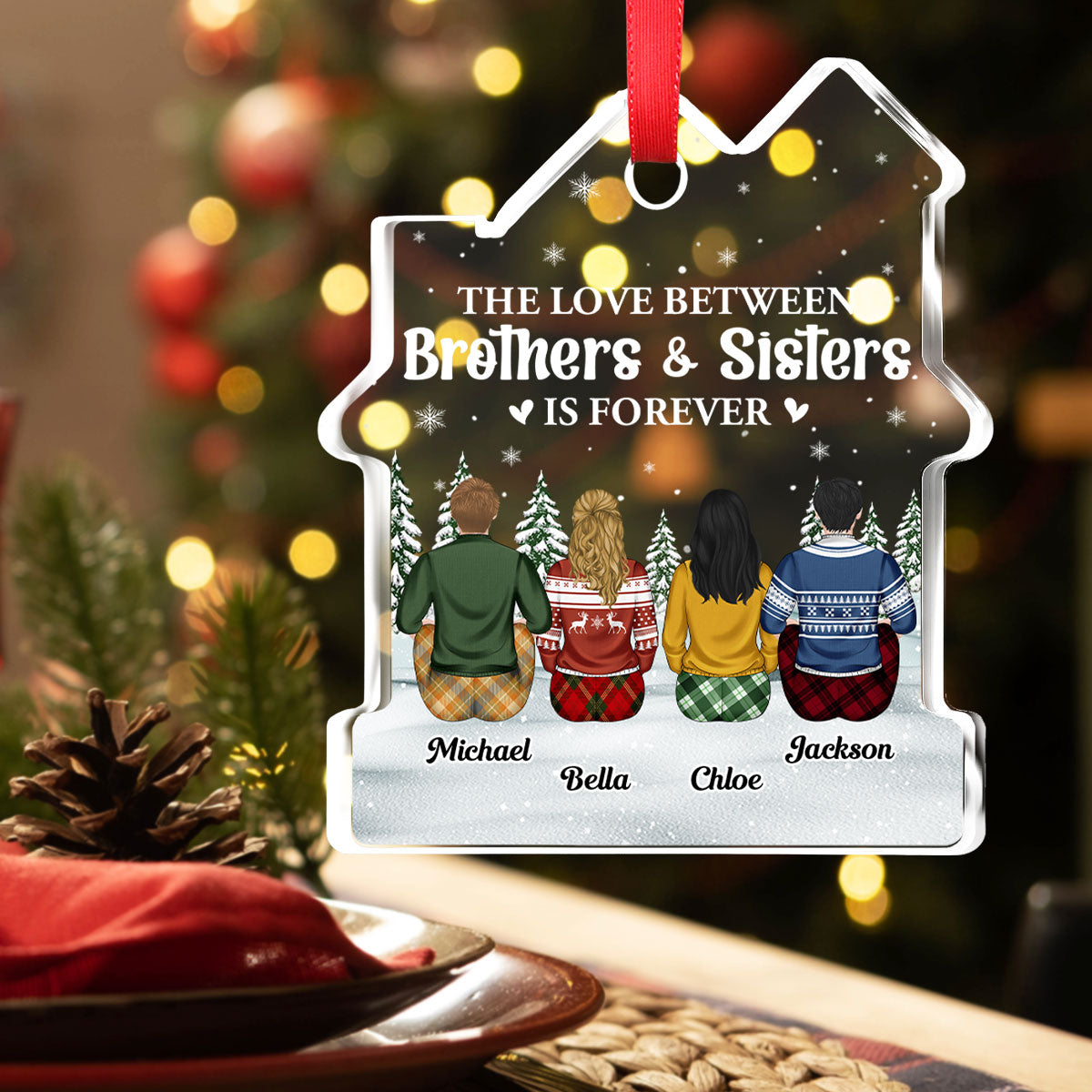 Custom Brothers & Sisters Christmas Ornament •  Sibling Love Is Forever - Personalized House Shaped Glass Ornament