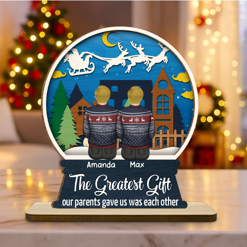 Custom Family Decor, Christmas Birthday Family Keepsake • Sibling Snowglobe - Personalized 2-Layer Wood Plaque With Flat Base