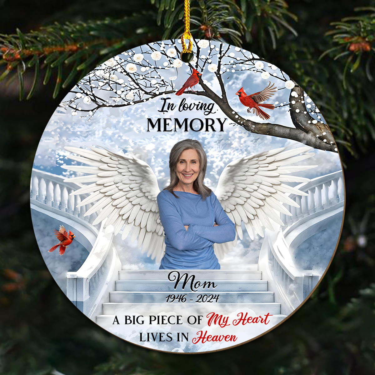 Custom Photo Memorial Christmas Ornament, Sympathy Keepsake • In Loving Memory - Personalized Wood Ornament