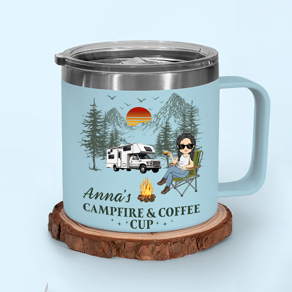 Campfire And Coffee Cup - Personalized 14oz Stainless Steel Tumbler With Handle