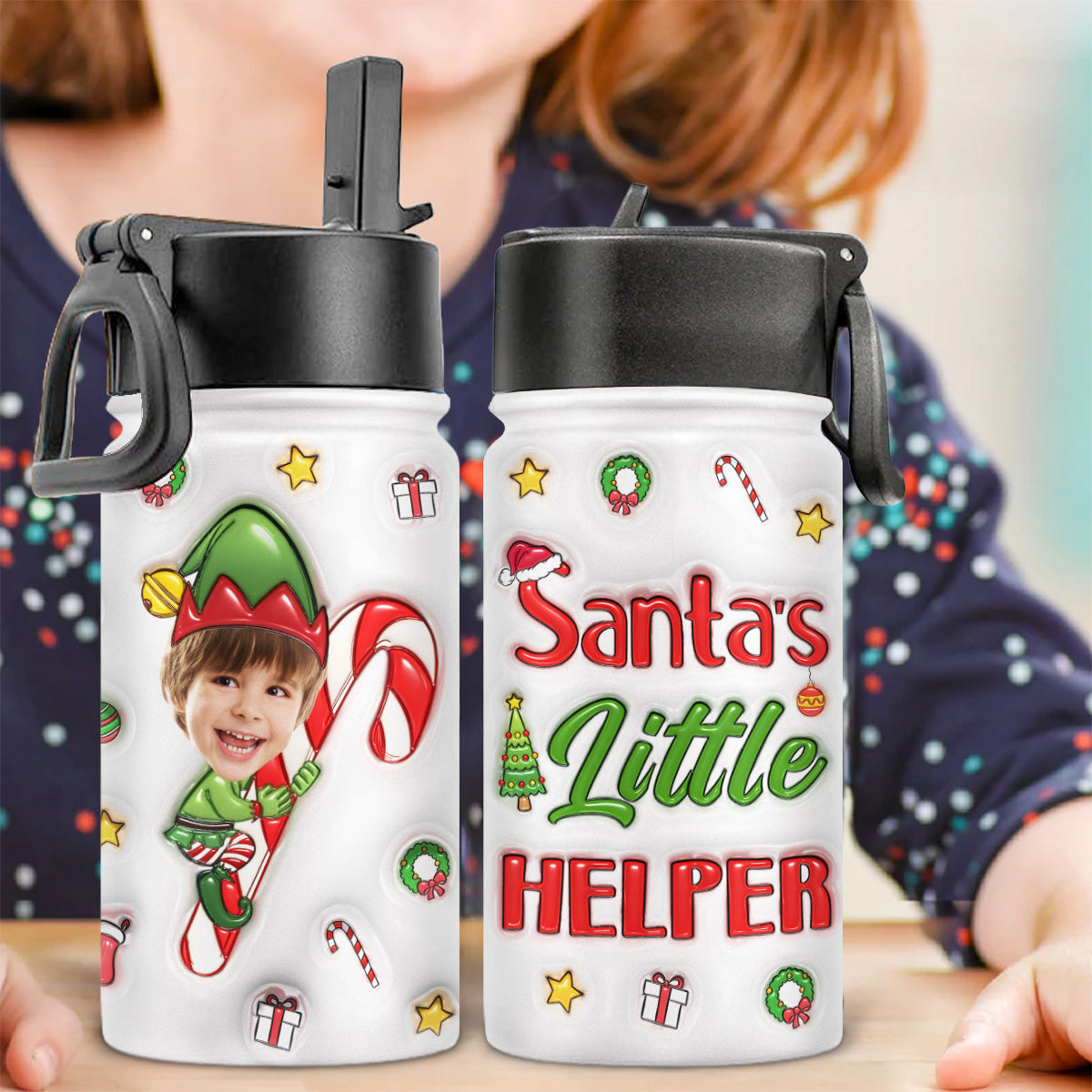 Santa Helper - Personalized 3D Inflated Effect Kids Water Bottle