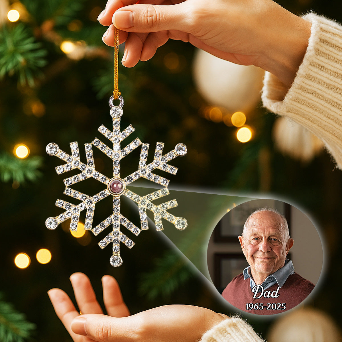 Custom Photo Memorial Christmas Ornament, Sympathy Keepsake • Our Loving Memory - Personalized Photo Snowflake Projection Ornament