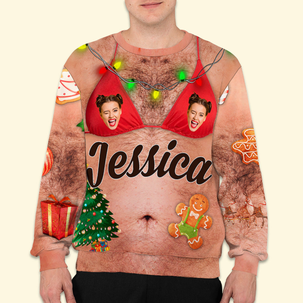 Custom Photo Funny Ugly Sweatshirt, Couple Christmas Gift • Jingle Bell - Personalized All-Over-Print Sweatshirt