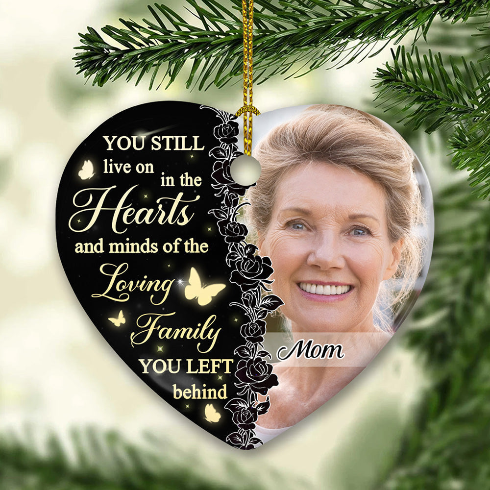 Custom Photo Memorial Christmas Ornament, Sympathy Keepsake • Still In Our Hearts - Personalized Heart Ceramic Christmas Ornament