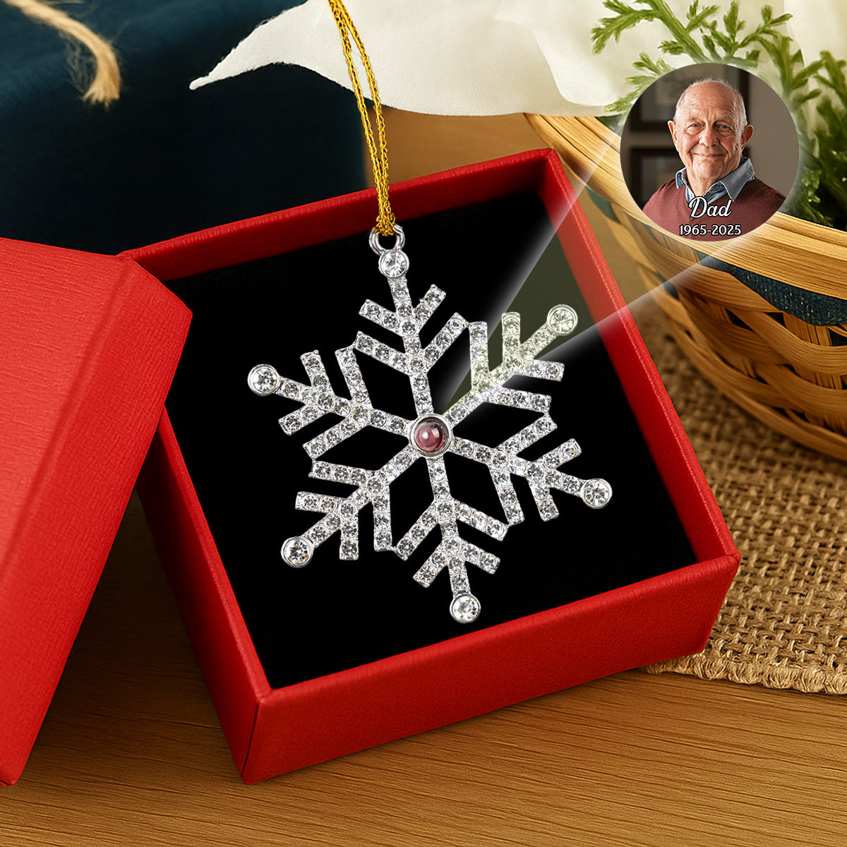 Custom Photo Memorial Christmas Ornament, Sympathy Keepsake • Our Loving Memory - Personalized Photo Snowflake Projection Ornament