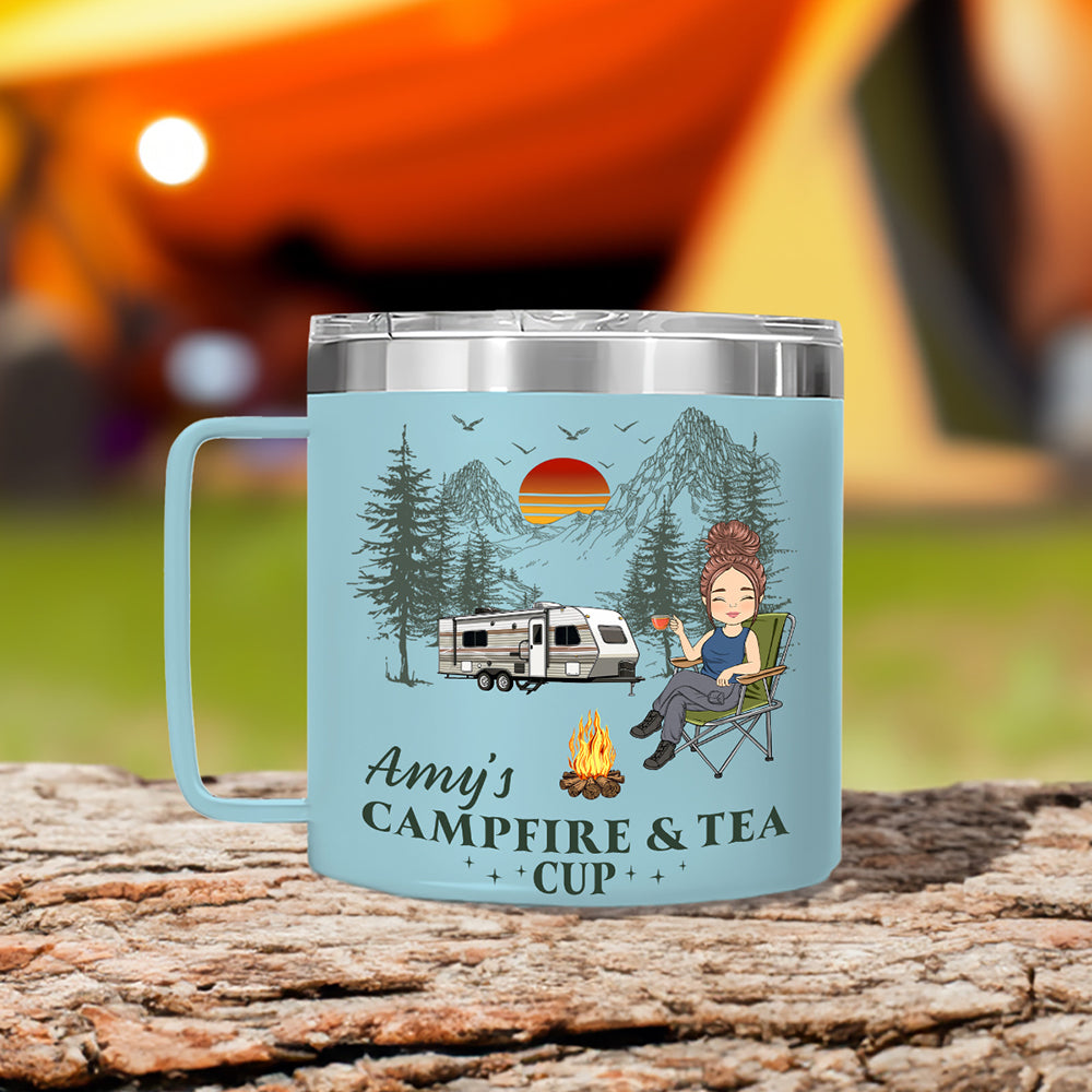 Campfire And Coffee Cup - Personalized 14oz Stainless Steel Tumbler With Handle