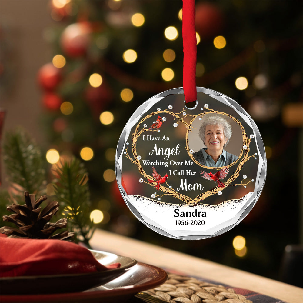 Custom Photo Memorial Christmas Ornament, Sympathy Keepsake • An Angel Watching Over Me - Personalized Glass Ornament
