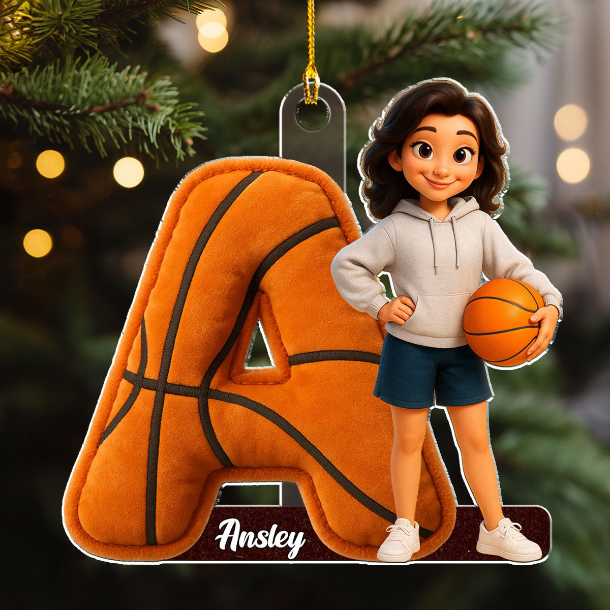 Custom Basketball Initial Christmas Ornament with Character • Basketball Letter - Personalized Acrylic Ornament