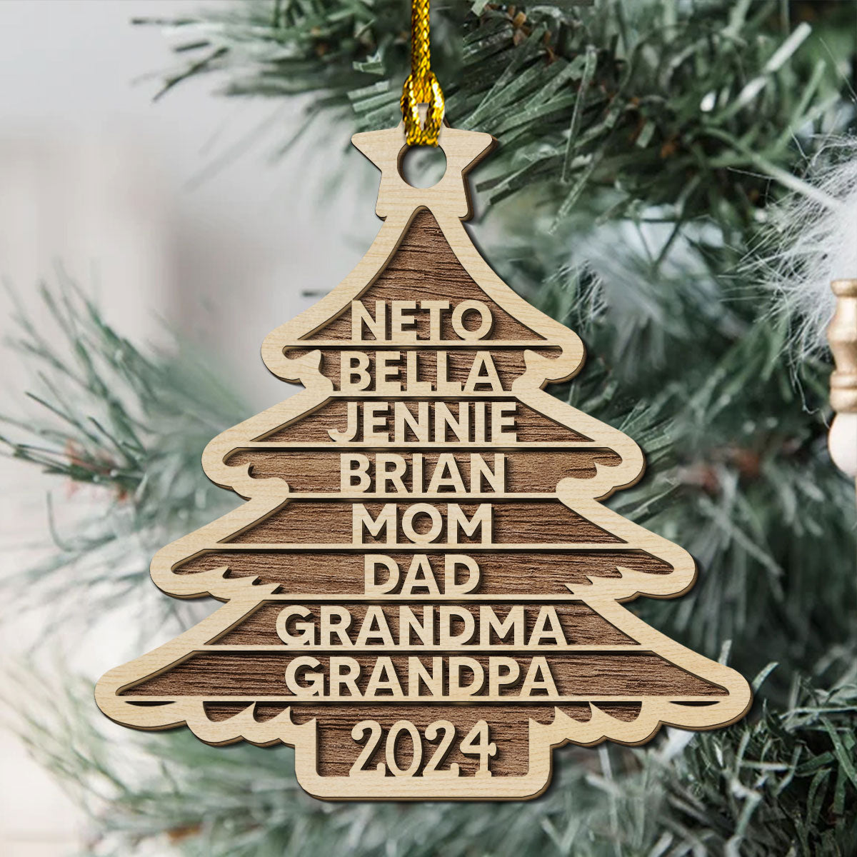 Custom Family Ornament, Christmas Gift for Family Members •  Family Name Christmas Tree - Personalized 2-layered Wood Ornament
