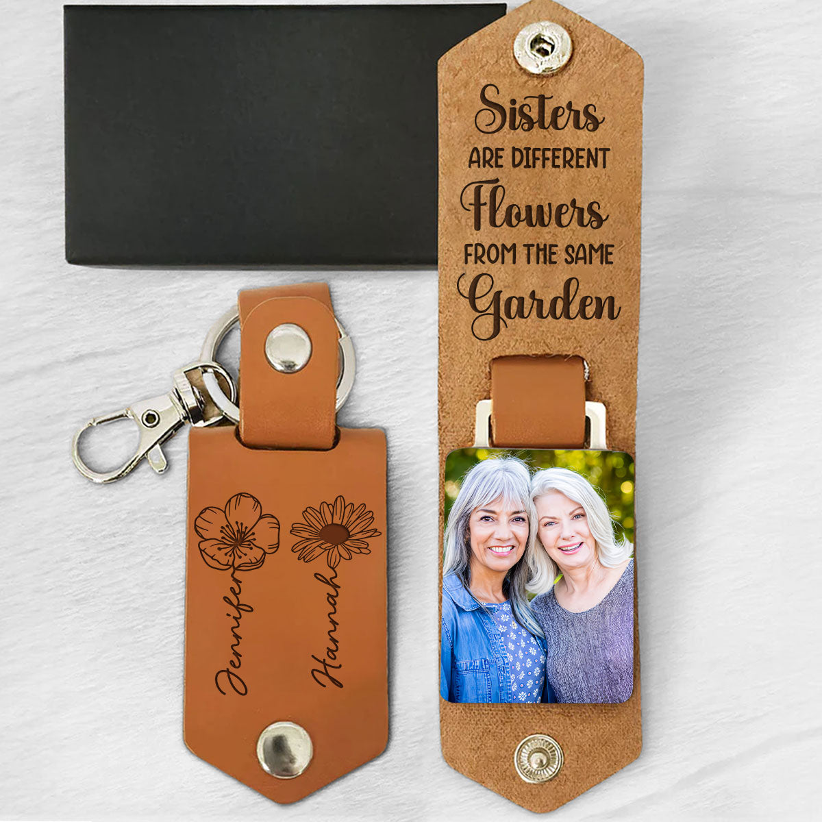 Sisters Are Flowers - Personalized Leather Photo Keychain