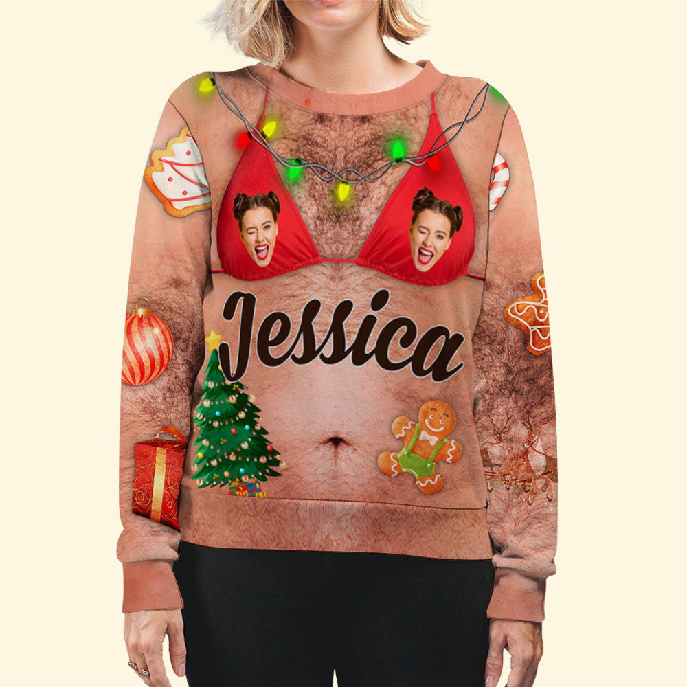 Custom Photo Funny Ugly Sweatshirt, Couple Christmas Gift • Jingle Bell - Personalized All-Over-Print Sweatshirt