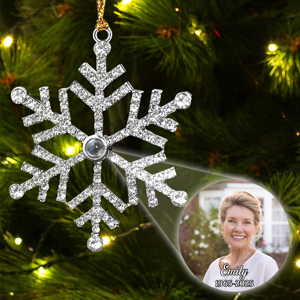Custom Photo Memorial Christmas Ornament, Sympathy Keepsake • Our Loving Memory - Personalized Photo Snowflake Projection Ornament