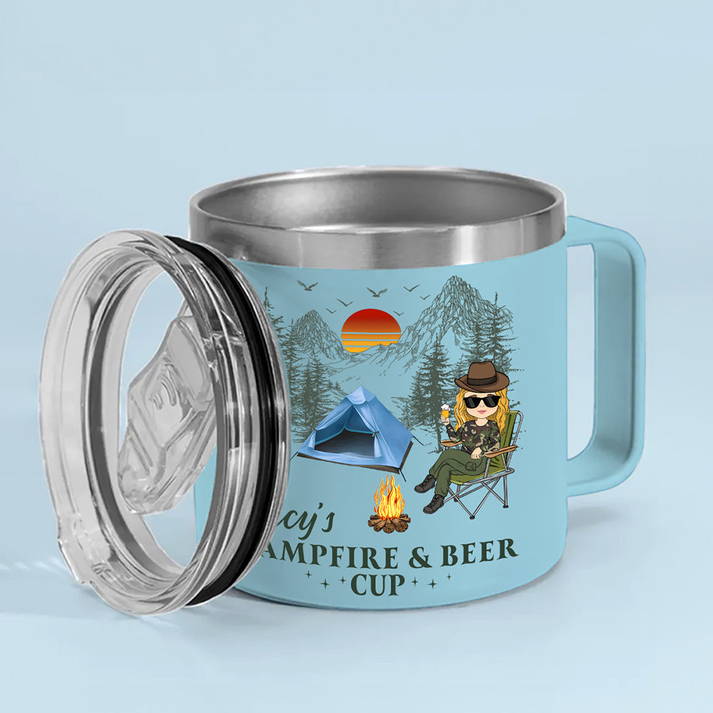 Campfire And Coffee Cup - Personalized 14oz Stainless Steel Tumbler With Handle