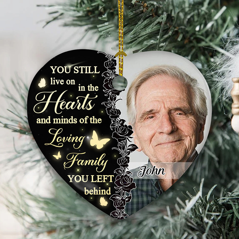 Custom Photo Memorial Christmas Ornament, Sympathy Keepsake • Still In Our Hearts - Personalized Heart Ceramic Christmas Ornament