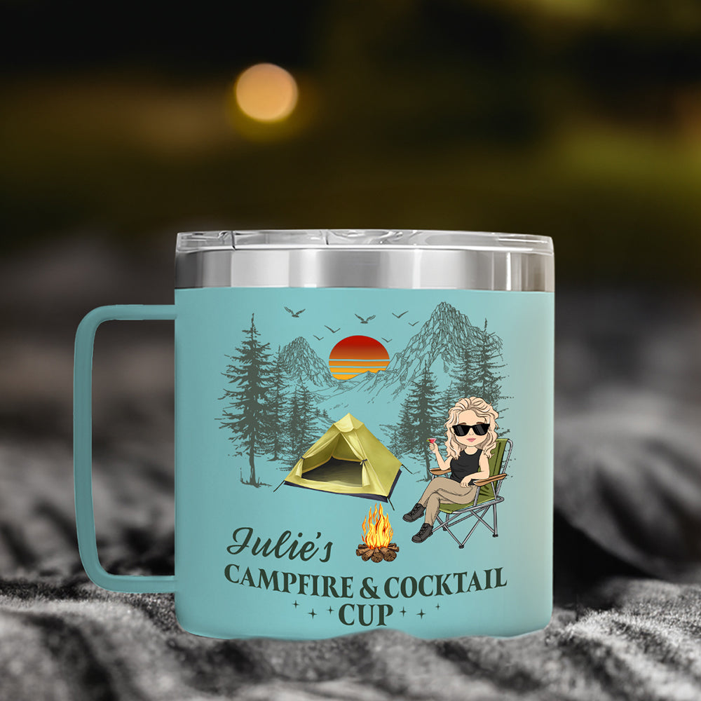 Campfire And Coffee Cup - Personalized 14oz Stainless Steel Tumbler With Handle