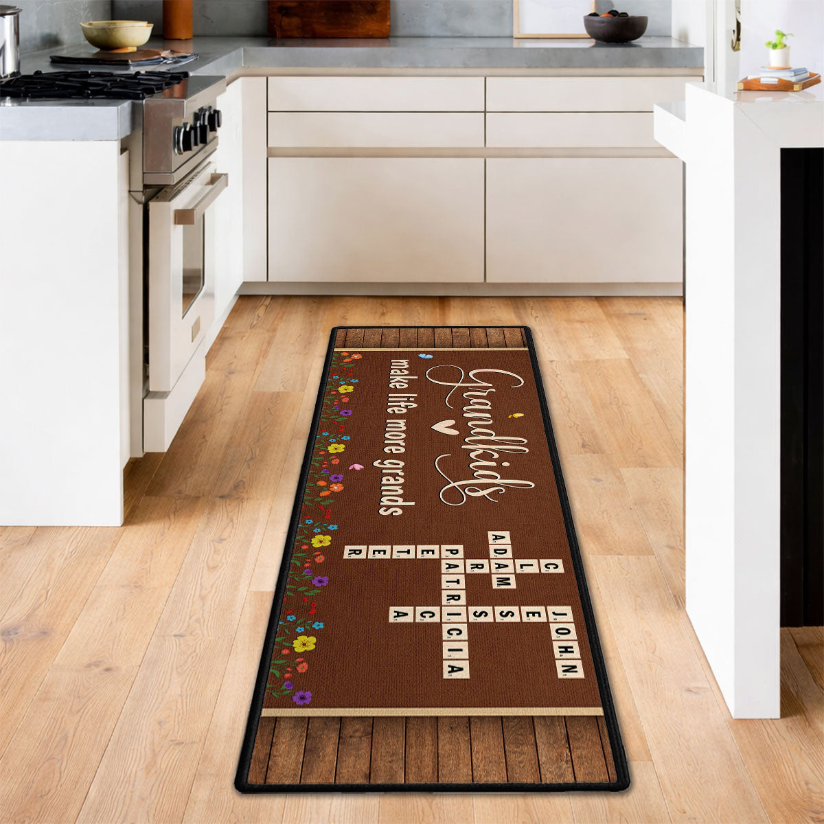 Custom Family Name Rug, Housewarming Birthday Gift For Grandma Grandparents • Love My Grandkids Crossword - Personalized Runner Rug