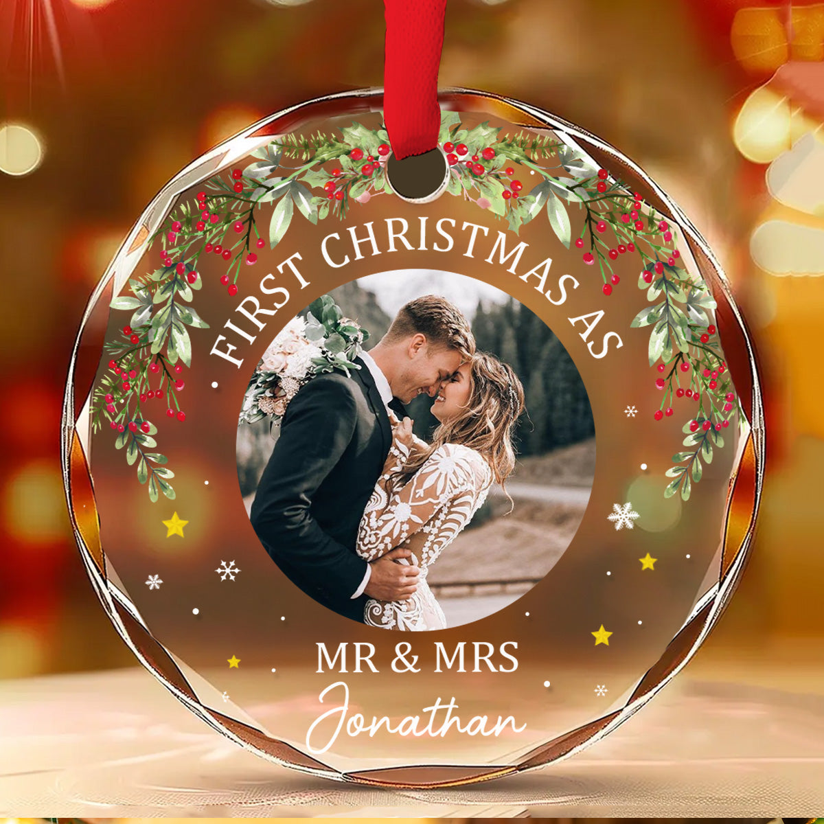 Custom Photo First Christmas Ornament Married, Gift for Newlyweds • First Time - Personalized Glass Ornament