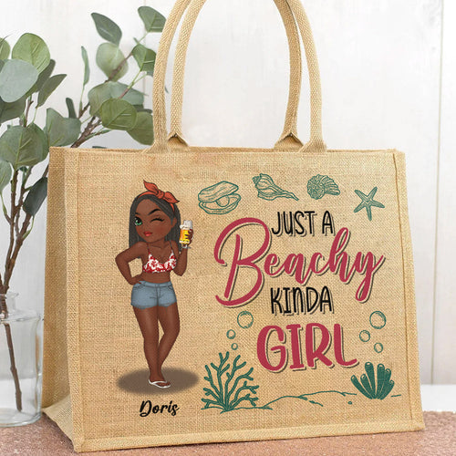 A Beachy Kinda Girl - Personalized Jute Tote Bag