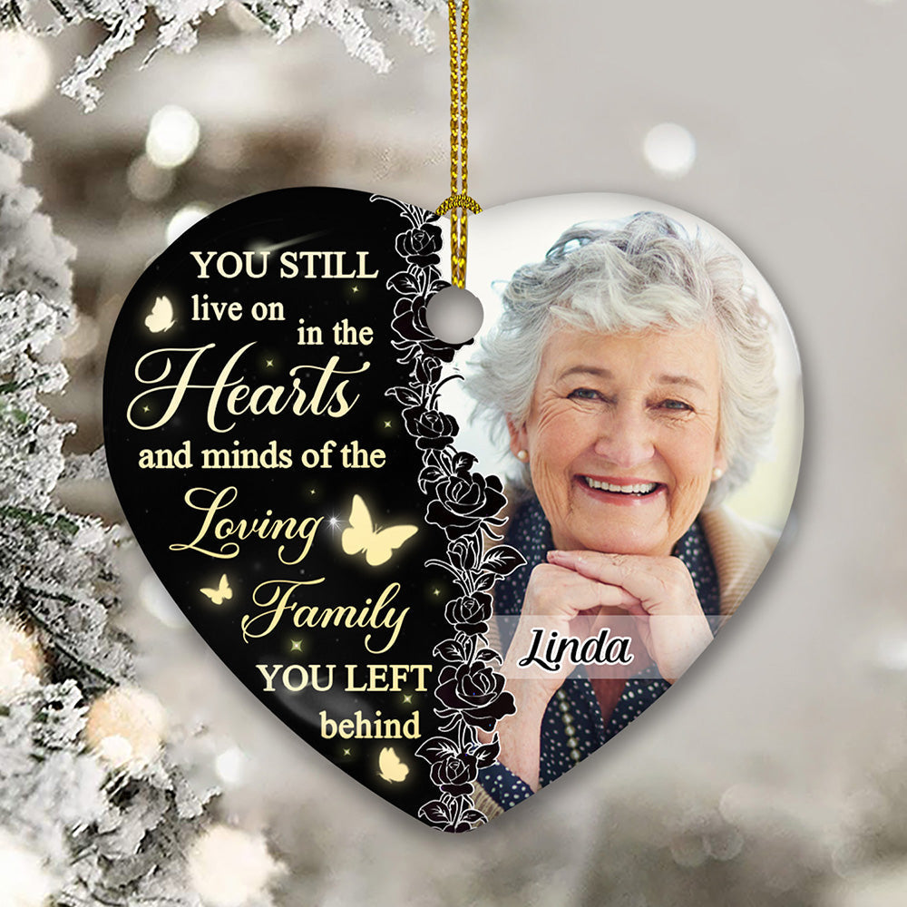 Custom Photo Memorial Christmas Ornament, Sympathy Keepsake • Still In Our Hearts - Personalized Heart Ceramic Christmas Ornament