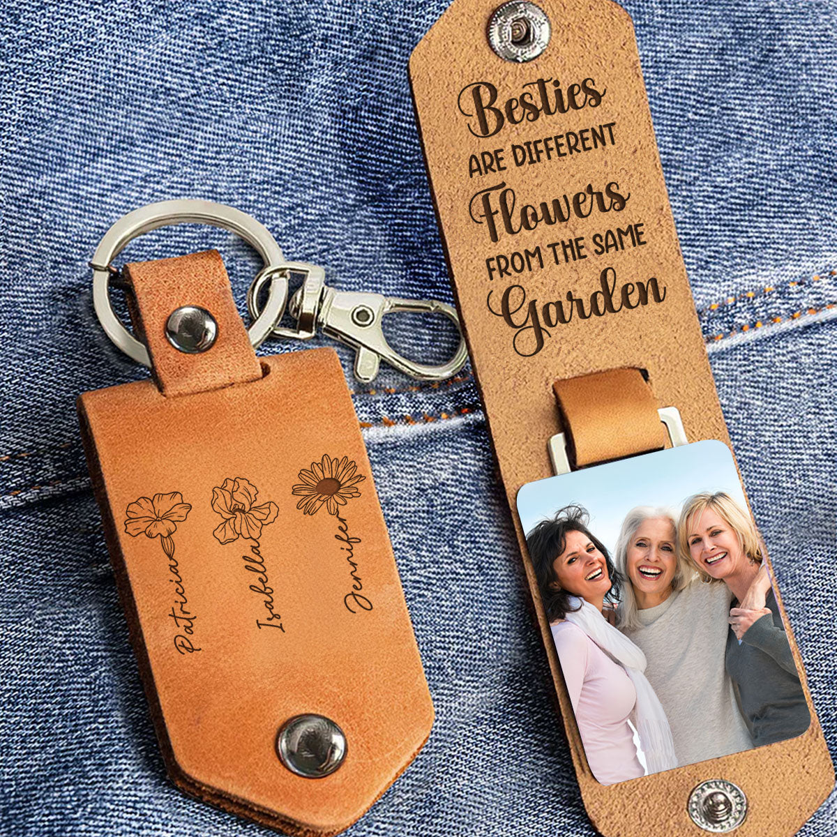 Sisters Are Flowers - Personalized Leather Photo Keychain
