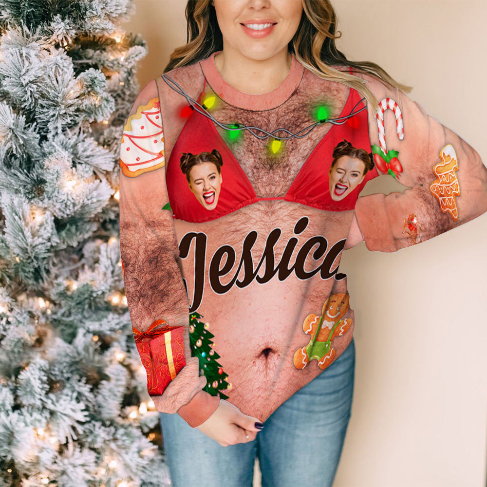 Custom Photo Funny Ugly Sweatshirt, Couple Christmas Gift • Jingle Bell - Personalized All-Over-Print Sweatshirt