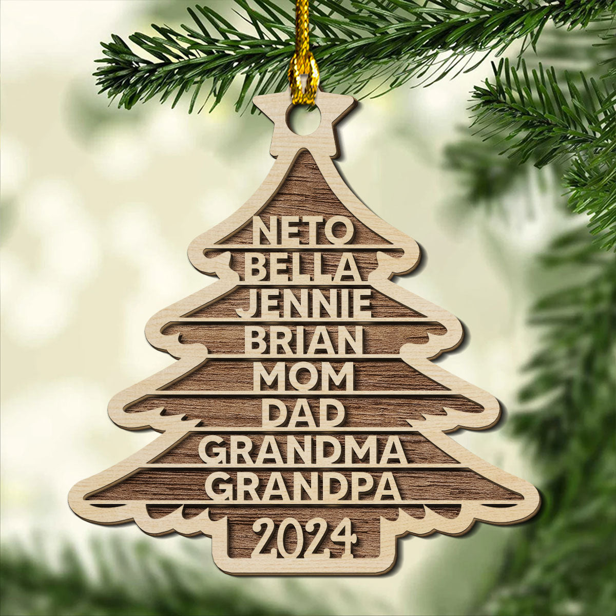 Custom Family Ornament, Christmas Gift for Family Members •  Family Name Christmas Tree - Personalized 2-layered Wood Ornament