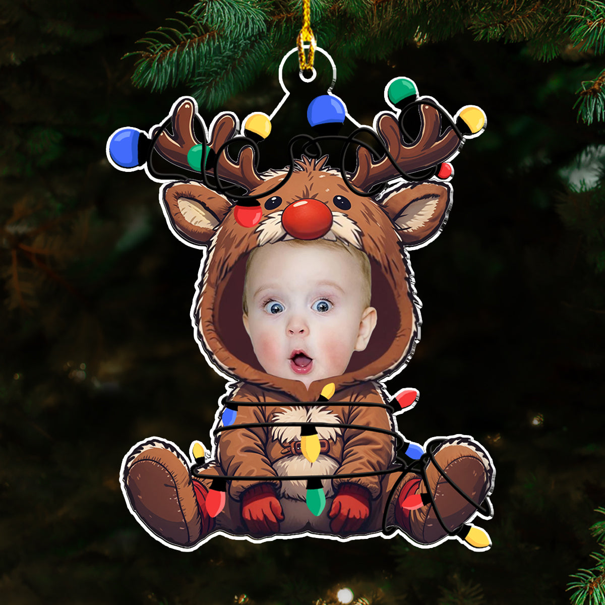 Custom Photo Baby Christmas Ornament for New Parents • Reindeer Baby Christmas - Personalized Acrylic Ornament