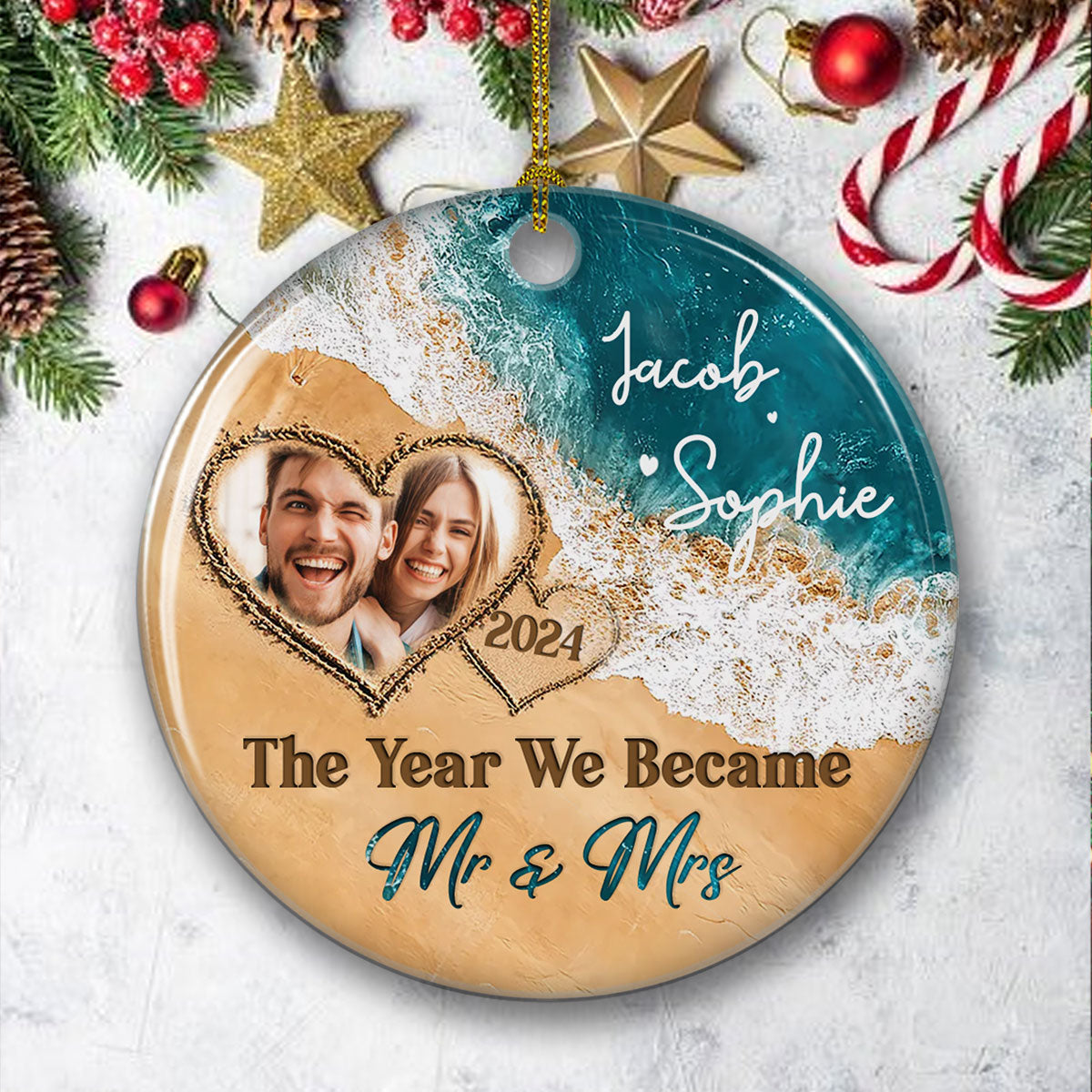 Custom Photo Couple Christmas Ornament, Anniversary Gift • The Year We Became - Personalized Ceramic Ornament