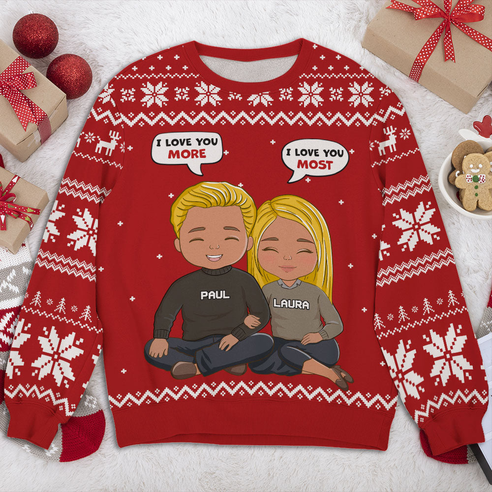 Custom Couple Christmas Sweatshirt, Anniversary Gift • I Love You More - Personalized All-Over-Print Sweatshirt