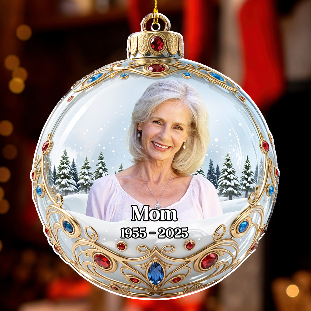 Custom Photo Memorial Christmas Ornament, Sympathy Keepsake • Forever In Our Hearts Version 2 - Personalized Acrylic Ornament