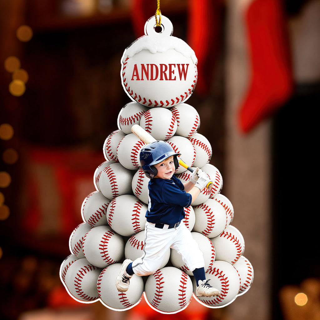 Custom Photo Keepsake Christmas Ornament • Twinkle Baseball Pinetree - Personalized Acrylic Ornament
