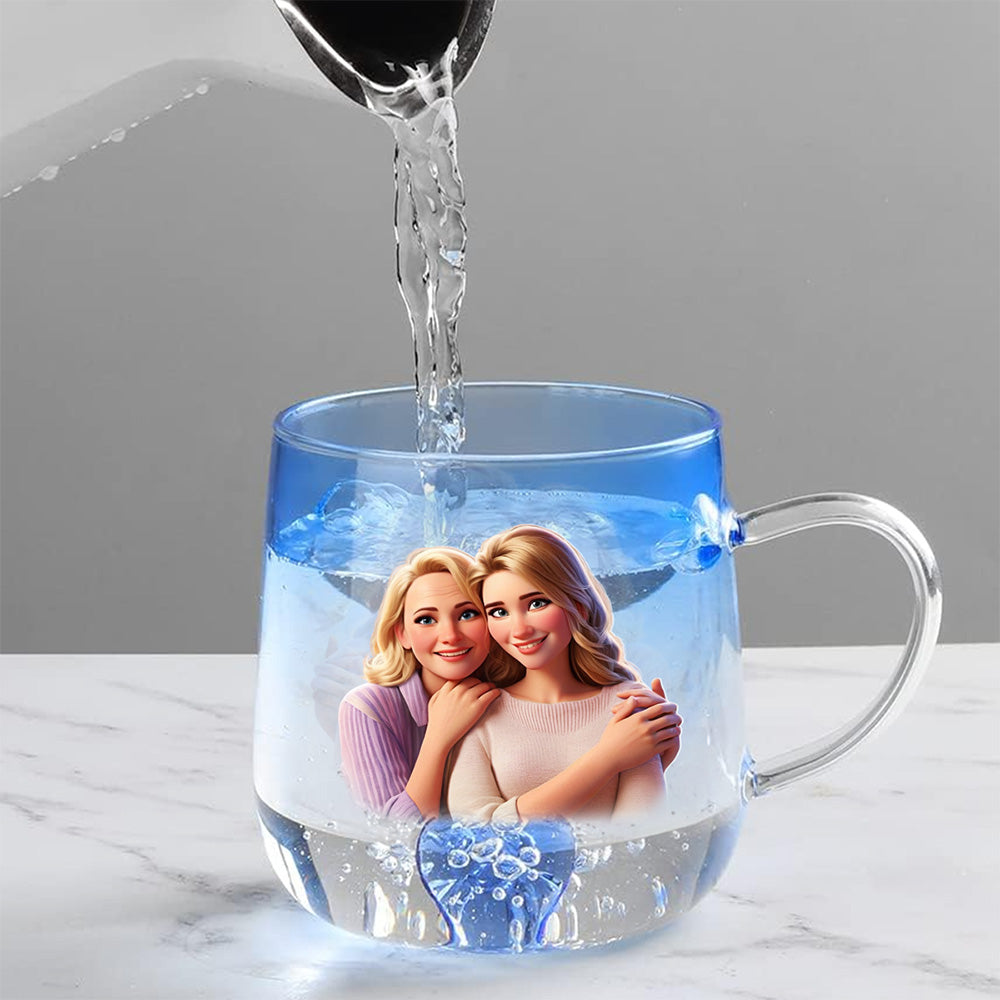 Custom Photo Mother's Day Gift for Mom & Grandma • Mother And Daughter Cartoonize - Personalized Blue Gradient Glass Mug