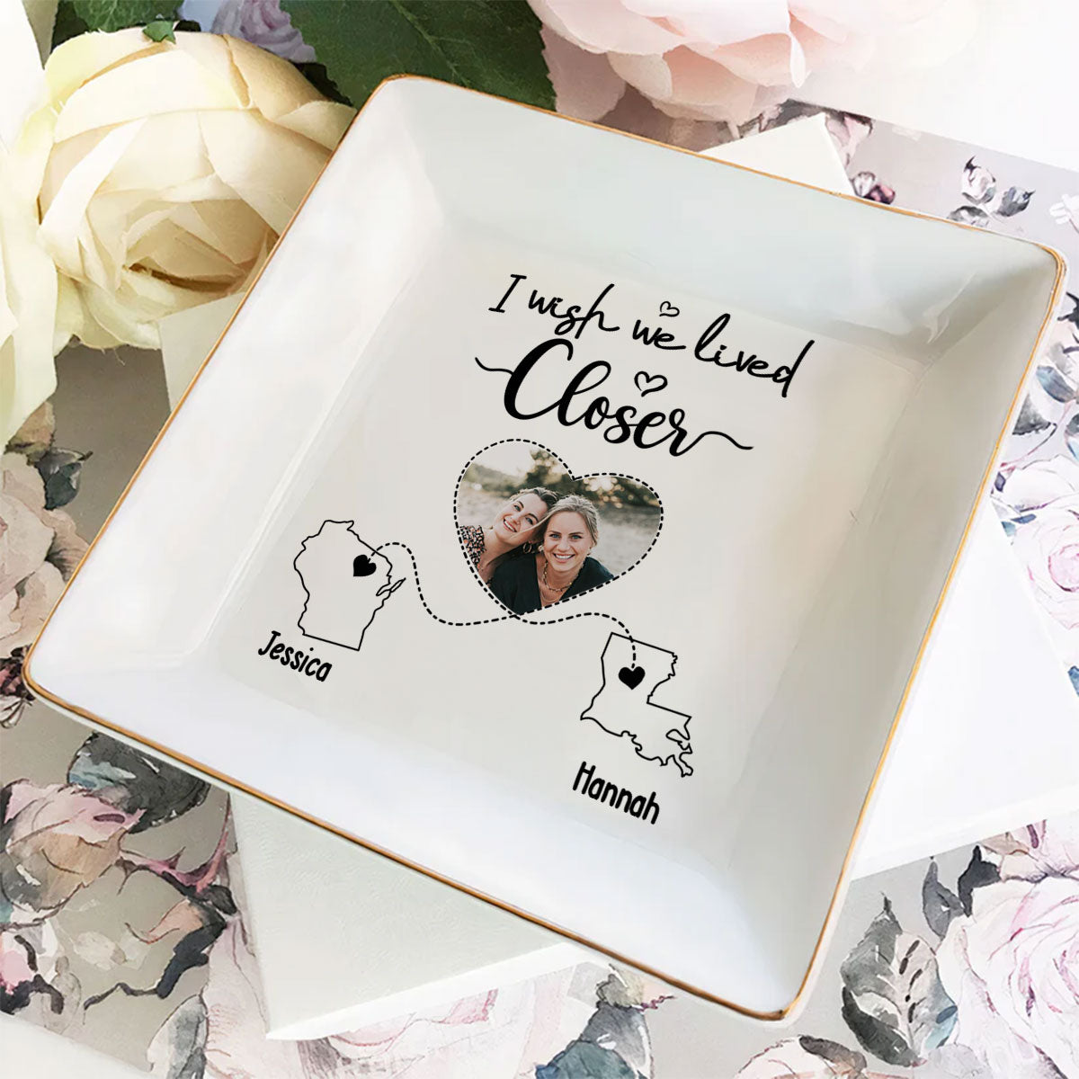 Custom Photo Bestie Trinket Dish, Birthday Christmas Gift For Best Friend • I Wish We Lived Closer Photo - Personalized Jewelry Dish