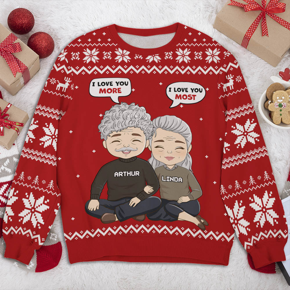 Custom Couple Christmas Sweatshirt, Anniversary Gift • I Love You More - Personalized All-Over-Print Sweatshirt