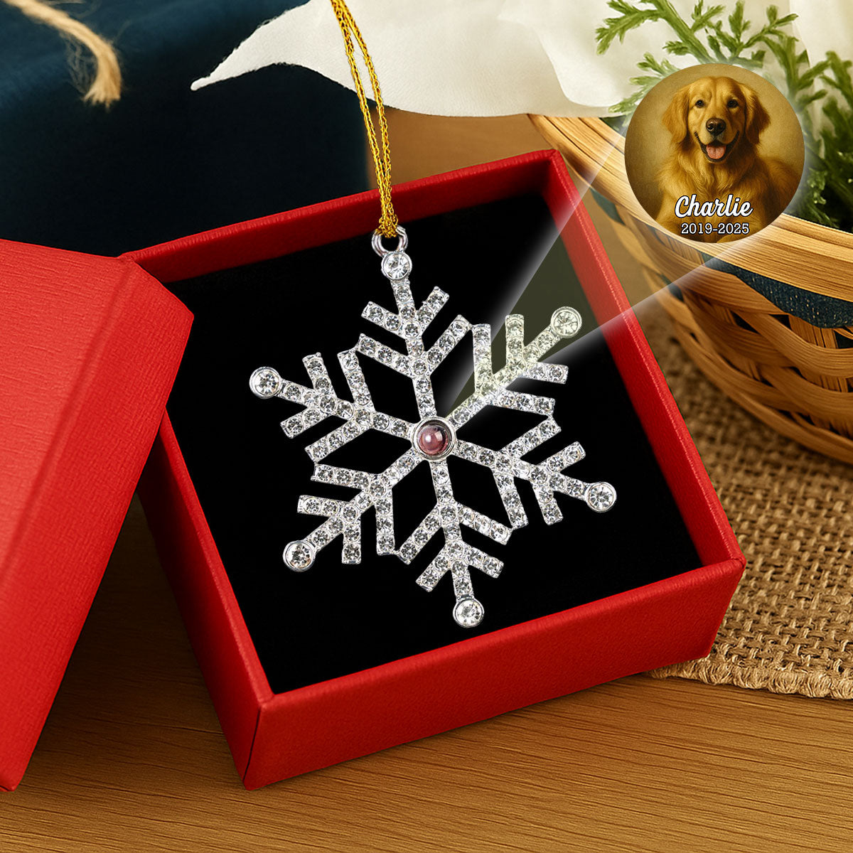 Custom Photo Keepsake Christmas Ornament • Forever In Our Hearts - Personalized Photo Snowflake Projection Ornament