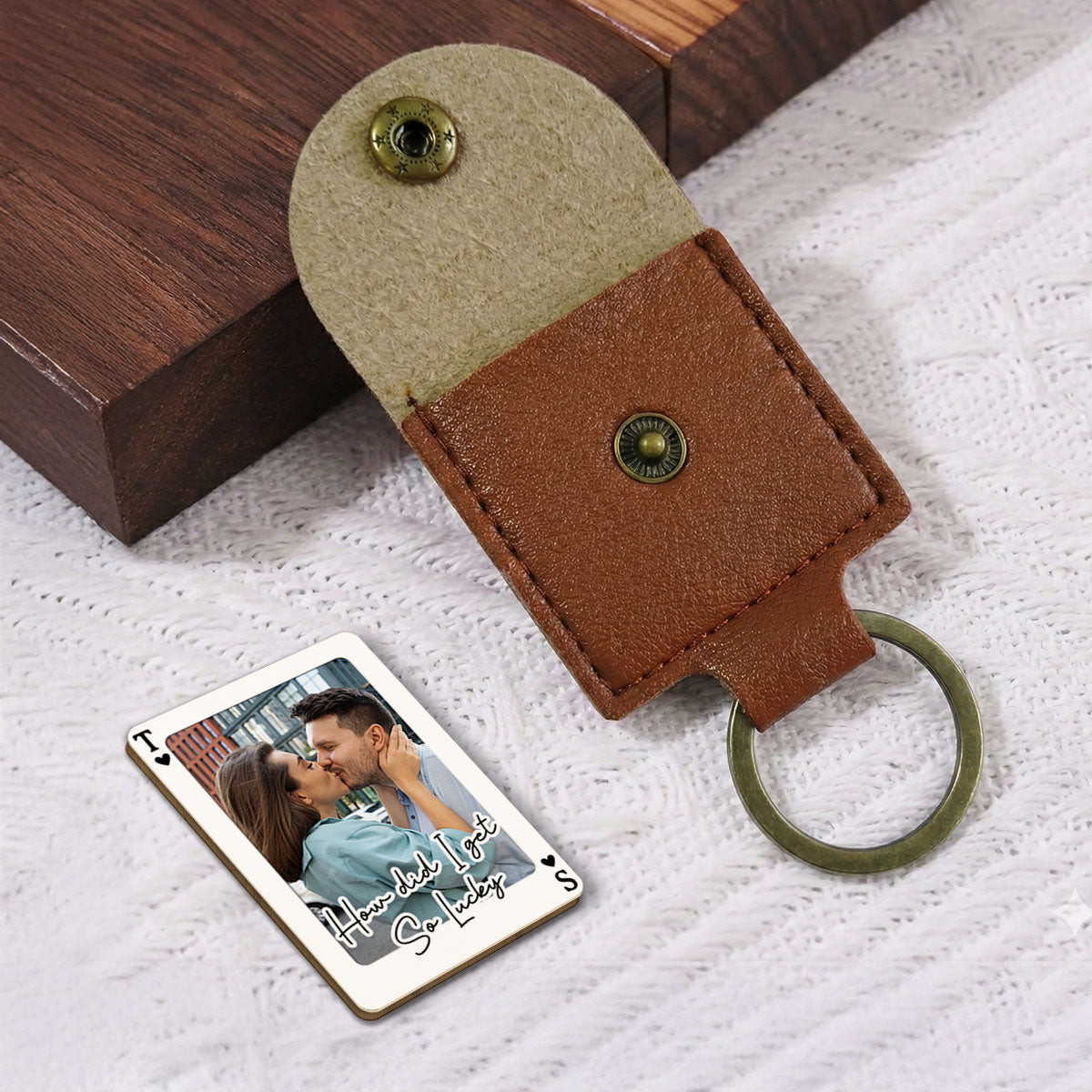 Custom Photo Coin Keychain for Husband, Couple Anniversary Valentine's Day Gifts • King And Queen Of Hearts - Personalized Wooden Pocket Hug