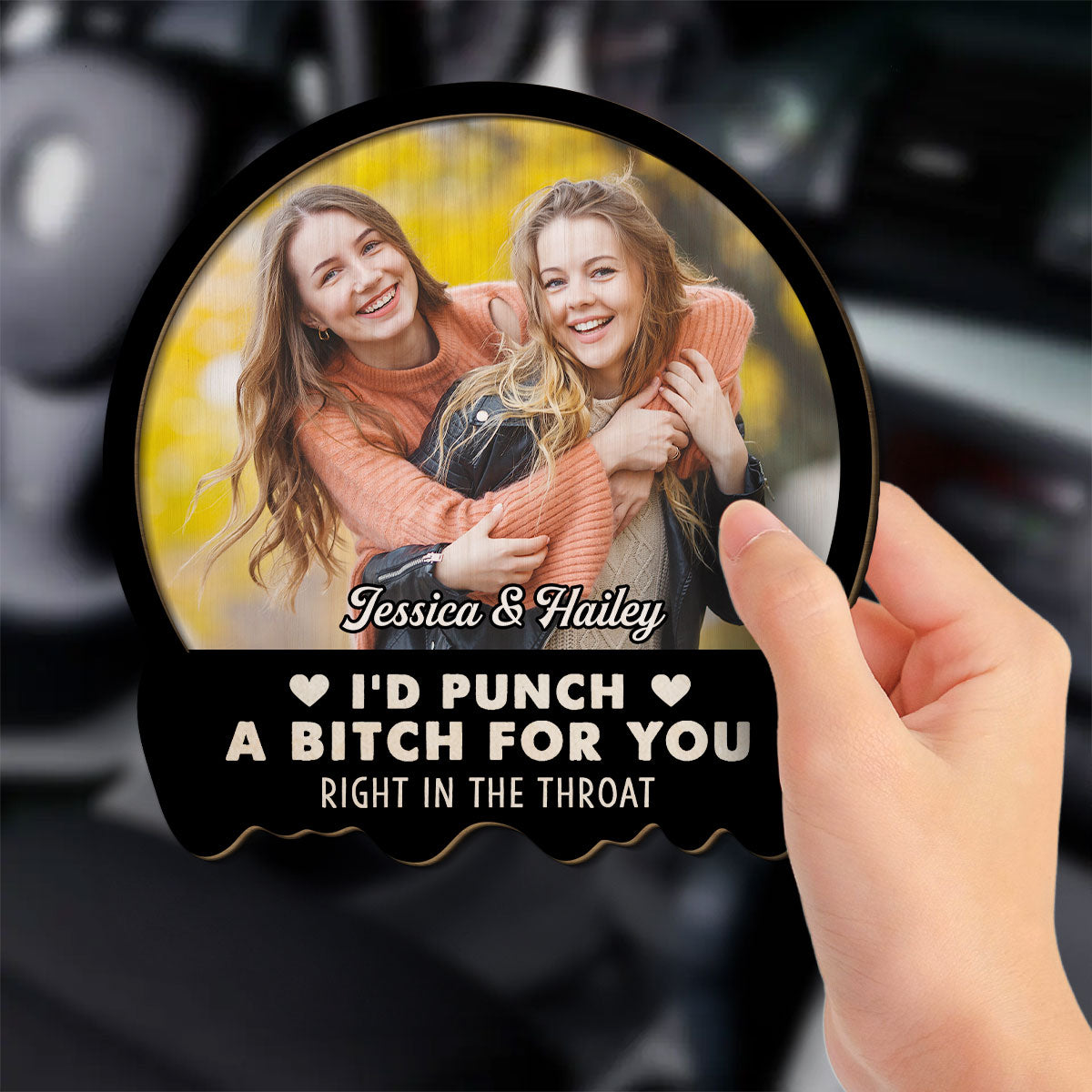 Photo Right In The Throat Besties Sisters - Personalized Car Visor Clip
